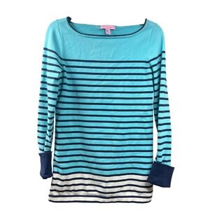 Lilly Pullitzer Women's Maria Blue and White Striped‎ Boat Neck Sweater Sz Small